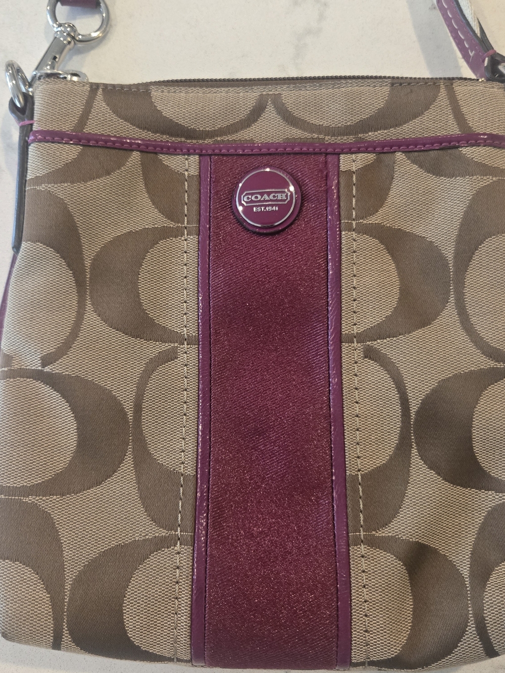 Coach Khaki Canvas Crossbody with Fuschia Center Stripe
